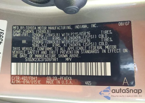 2007 Toyota Sienna Ce z USA, uszkodzony, nr VIN 5TDZK23C37S097981